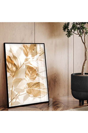 Gümüş Metal Çerçeveli Gold Yaprak Tema Kırılmaz Cam Tablo