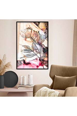 Gümüş Metal Çerçeveli Çiçek Desen Modern Çizim Kırılmaz Cam Tablo