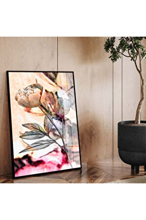 Gümüş Metal Çerçeveli Çiçek Desen Modern Çizim Kırılmaz Cam Tablo