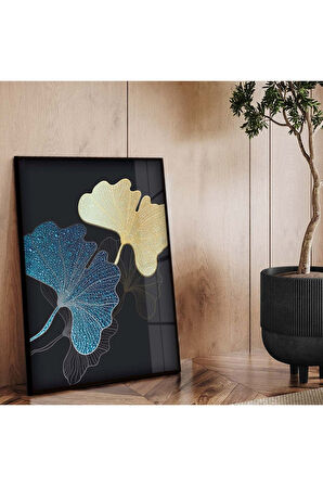 Gold Metal Çerçeveli Kolaj Çizim Çiçek Desen Kırılmaz Cam Tablo