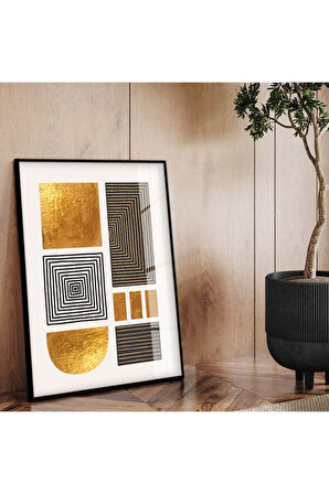 Gold Metal Çerçeveli Geometrik Çizim Soyut Tema Çizim Kırılmaz Cam Tablo