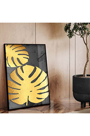 Gold Metal Çerçeveli Gold Tema Kolaj Çizim Kırılmaz Cam Tablo