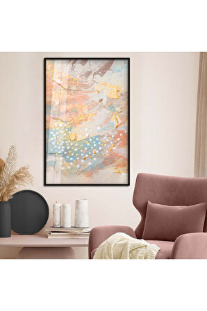 Gold Metal Çerçeveli Soyut Tema Renkli Desen Kırılmaz Cam Tablo