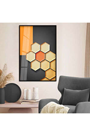 Gold Metal Çerçeveli Geometrik Çizim Soyut Tema Kırılmaz Cam Tablo