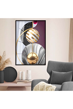 Gold Metal Çerçeveli Geometrik Çizim Soyut Tema Kırılmaz Cam Tablo