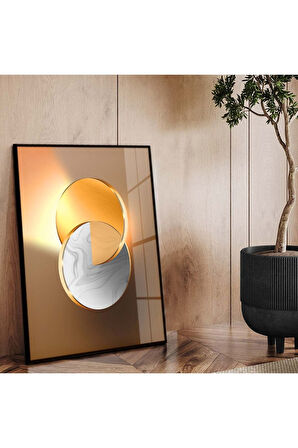 Gold Metal Çerçeveli Geometrik Çizim Soyut Tema Kırılmaz Cam Tablo