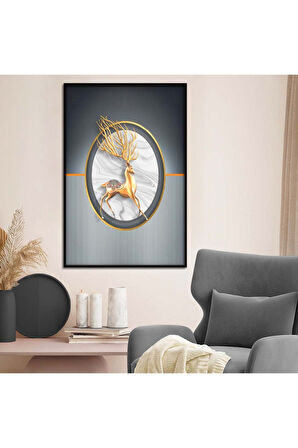 Gold Metal Çerçeveli Modern Çizim Geyik Tema Kırılmaz Cam Tablo