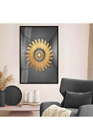 Gold Metal Çerçeveli Kolaj Çizim Modern Tema Kırılmaz Cam Tablo