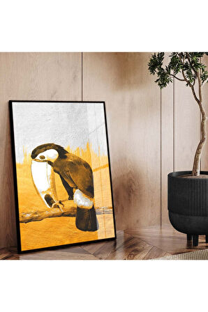 Siyah Metal Çerçeveli Modern Çizim Papağan Figür Kırılmaz Cam Tablo