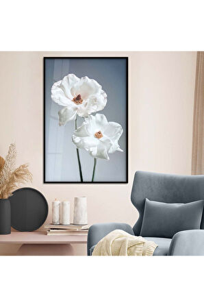Gold Metal Çerçeveli Beyaz Çiçek Kırılmaz Cam Tablo