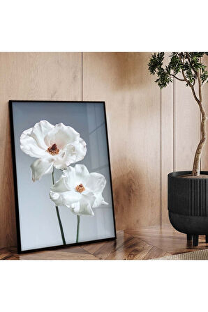Gold Metal Çerçeveli Beyaz Çiçek Kırılmaz Cam Tablo