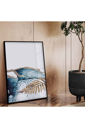 Gold Metal Çerçeveli Modern Çizim Yaprak Desen Kırılmaz Cam Tablo