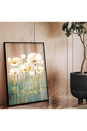 Gold Metal Çerçeveli Beyaz Çiçek Kırılmaz Cam Tablo