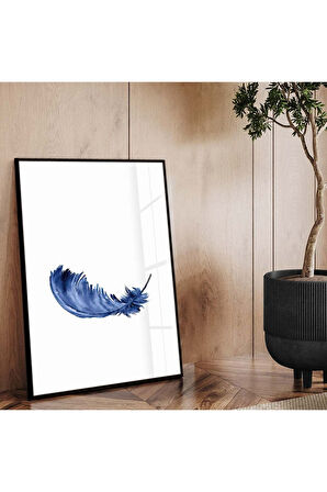 Gold Metal Çerçeveli Mavi Tüy Desen Kırılmaz Cam Tablo