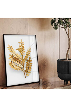 Gold Metal Çerçeveli Yaprak Desen Kırılmaz Cam Tablo