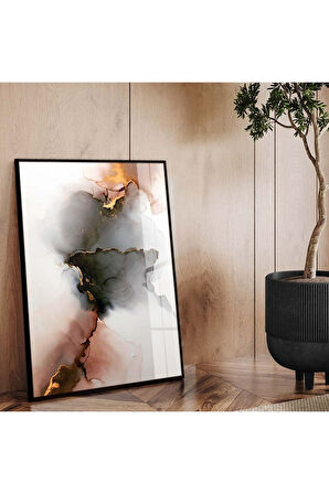 Gold Metal Çerçeveli Soyut Tema Modern Çizim Kırılmaz Cam Tablo