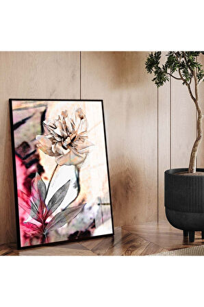 Siyah Metal Çerçeveli Çiçek Desen Modern Çizim Kırılmaz Cam Tablo