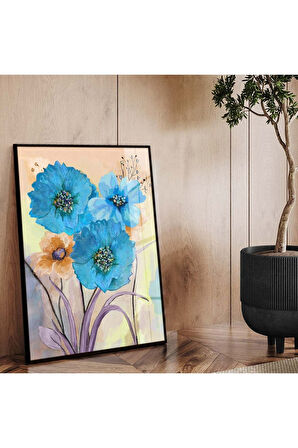 Gümüş Metal Çerçeveli Mavi Çiçek Modern Çizim Kırılmaz Cam Tablo
