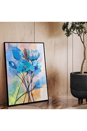 Gümüş Metal Çerçeveli Mavi Çiçek Modern Çizim Kırılmaz Cam Tablo