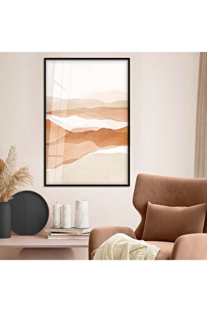 Gold Metal Çerçeveli Kolaj Çizim Soyut Tema Kırılmaz Cam Tablo