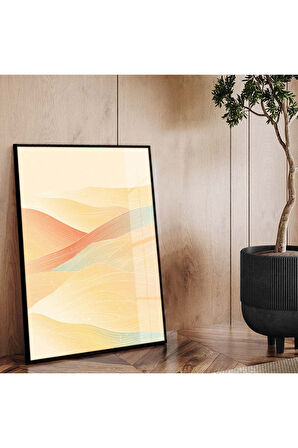 Gold Metal Çerçeveli Kolaj Çizim Soyut Tema Kırılmaz Cam Tablo