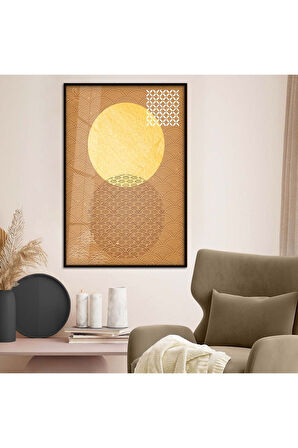 Gold Metal Çerçeveli Geometrik Desen Modern Çizim Kırılmaz Cam Tablo