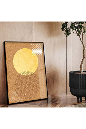Gold Metal Çerçeveli Geometrik Desen Modern Çizim Kırılmaz Cam Tablo