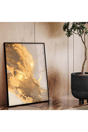 Gold Metal Çerçeveli Soyut Tema Modern Çizim Kırılmaz Cam Tablo