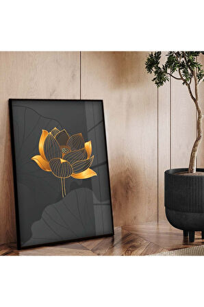 Gold Metal Çerçeveli Kolaj Çizim Çiçek Desen Kırılmaz Cam Tablo