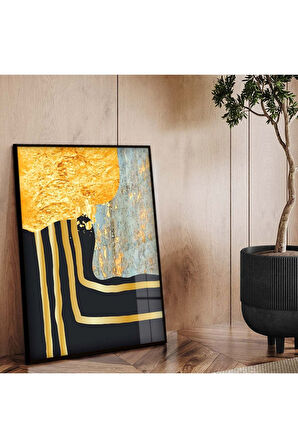 Siyah Metal Çerçeveli Kolaj Çizim Soyut Tema Kırılmaz Cam Tablo