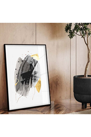 Gold Metal Çerçeveli Soyut Tema Modern Çizim Kırılmaz Cam Tablo