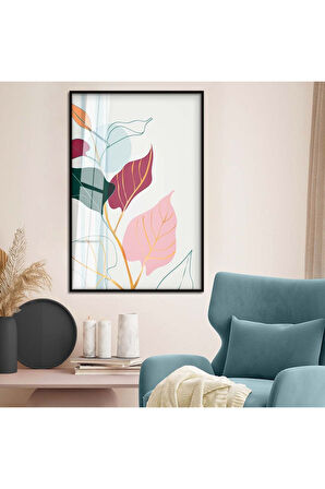 Gümüş Metal Çerçeveli Kolaj Çizim Yaprak Tema Kırılmaz Cam Tablo