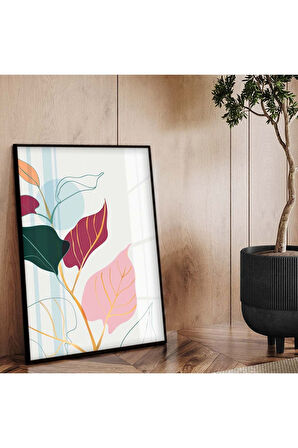 Gümüş Metal Çerçeveli Kolaj Çizim Yaprak Tema Kırılmaz Cam Tablo