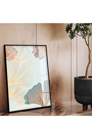 Gold Metal Çerçeveli Kolaj Çizim Çiçek Kırılmaz Cam Tablo