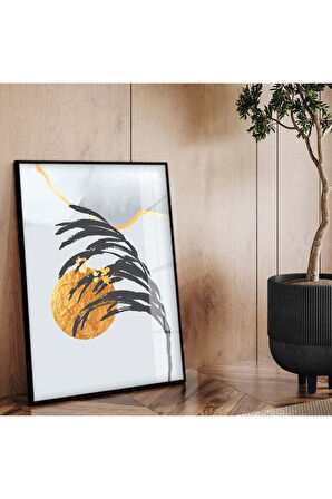 Gold Metal Çerçeveli Kolaj Çizim Yaprak Desen Kırılmaz Cam Tablo