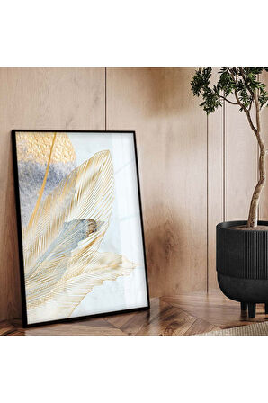 Siyah Metal Çerçeveli Modern Çizim Yaprak Desen Kırılmaz Cam Tablo