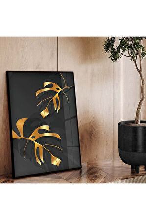 Gold Metal Çerçeveli Kolaj Çizim Yaprak Desen Kırılmaz Cam Tablo