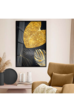 Gold Metal Çerçeveli Kolaj Çizim Yaprak Desen Kırılmaz Cam Tablo