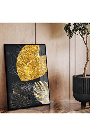 Gold Metal Çerçeveli Kolaj Çizim Yaprak Desen Kırılmaz Cam Tablo