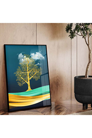 Gold Metal Çerçeveli Modern Çizim Doğa Tema Kırılmaz Cam Tablo