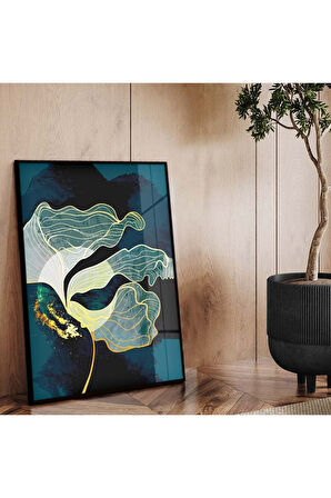 Siyah Metal Çerçeveli Kolaj Çizim Çiçek Tema Kırılmaz Cam Tablo