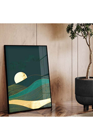 Siyah Metal Çerçeveli Kolaj Çizim Doğa Tema Kırılmaz Cam Tablo