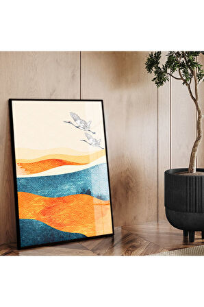 Gümüş Metal Çerçeveli Modern Çizim Kuş Figür Kırılmaz Cam Tablo