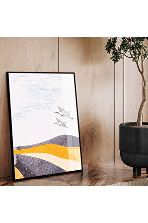 Siyah Metal Çerçeveli Modern Çizim Kuş Figür Kırılmaz Cam Tablo