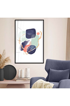 Gold Metal Çerçeveli Kolaj Çizim Soyut Tema Kırılmaz Cam Tablo