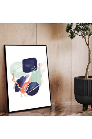 Gold Metal Çerçeveli Kolaj Çizim Soyut Tema Kırılmaz Cam Tablo