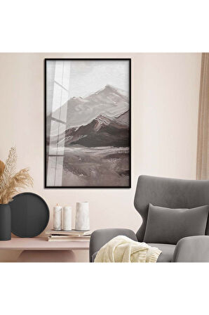 Gümüş Metal Çerçeveli Modern Çizim Dağ Tema Kırılmaz Cam Tablo