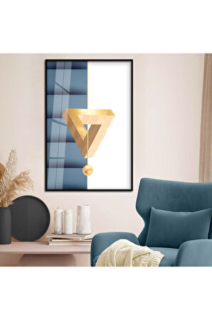 Gold Metal Çerçeveli Geometrik Çizim Soyut Tema Kırılmaz Cam Tablo