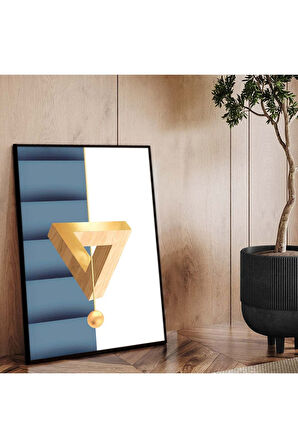 Gold Metal Çerçeveli Geometrik Çizim Soyut Tema Kırılmaz Cam Tablo