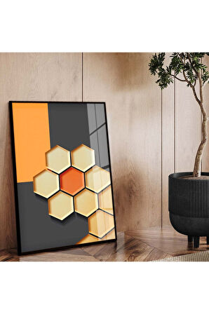 Gold Metal Çerçeveli Geometrik Çizim Soyut Tema Kırılmaz Cam Tablo